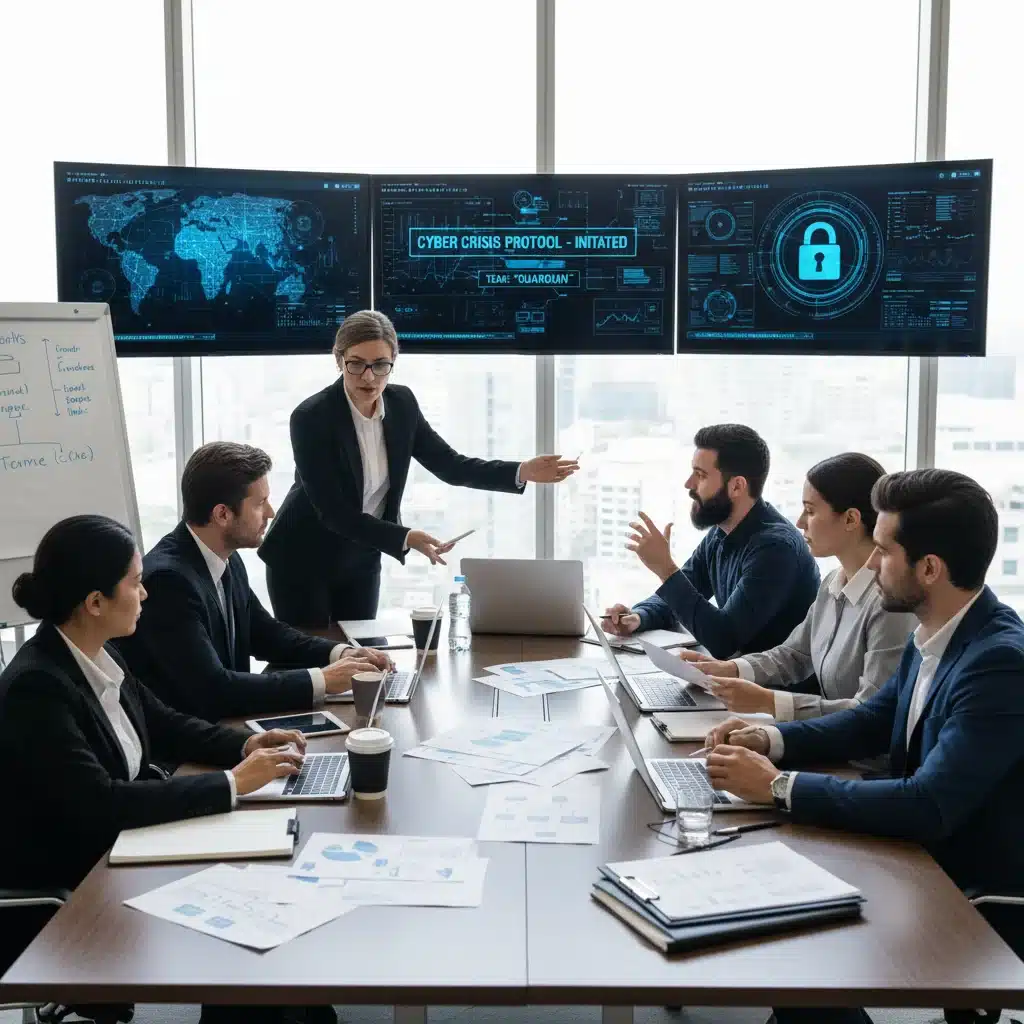 Cybersecurity incident response team collaborating on a strategy for data protection and recovery.