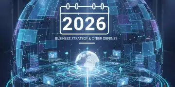 Futuristic digital shield protecting a business network in 2026, symbolising advanced cybersecurity insurance.