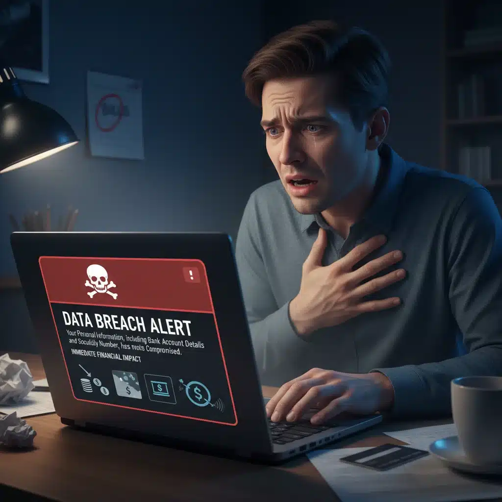Distressed person reacting to a data breach notification on a laptop screen.