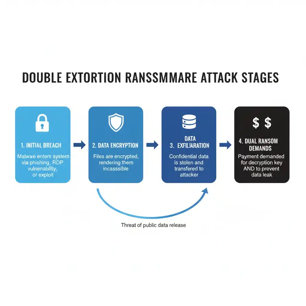 Infographic detailing the stages of a double extortion ransomware attack, from breach to dual ransom demands.