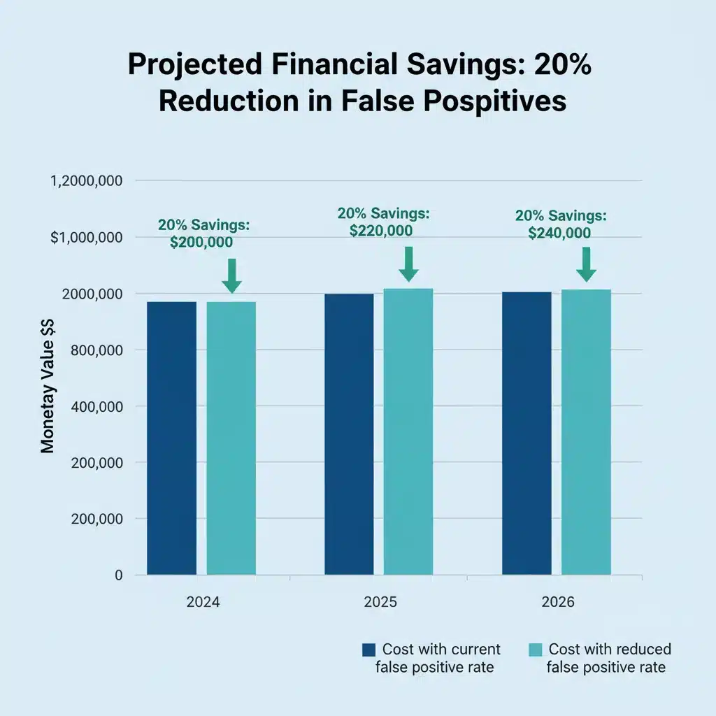 Bar chart illustrating financial savings from reducing false positives in a Security Operations Centre (SOC) over several years.
