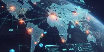 Digital representation of a global supply chain network with highlighted vulnerabilities and security protocols for US enterprises.