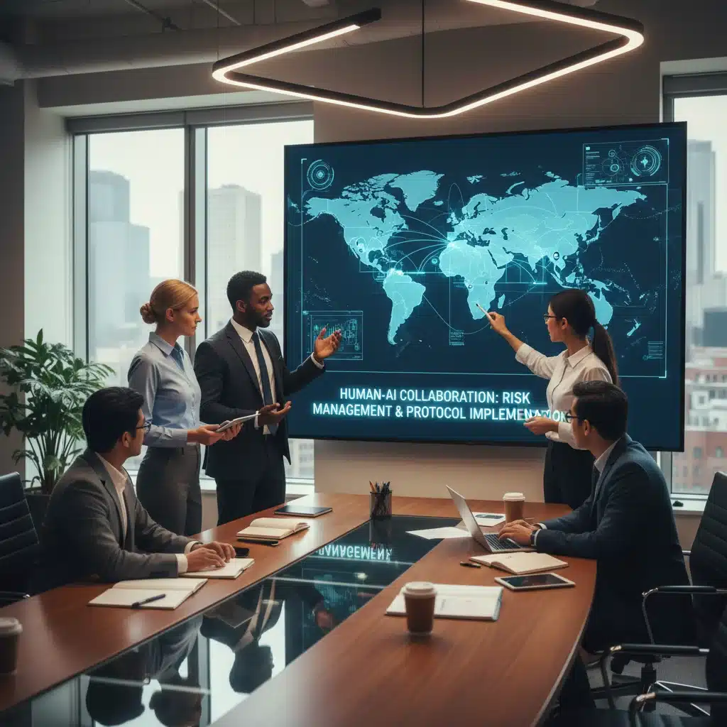 Team collaborating on a digital supply chain map, integrating human expertise with AI-driven insights for enhanced security.