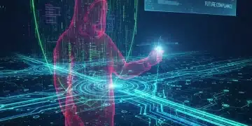 Complex digital network with human silhouette representing insider threat detection and future compliance.