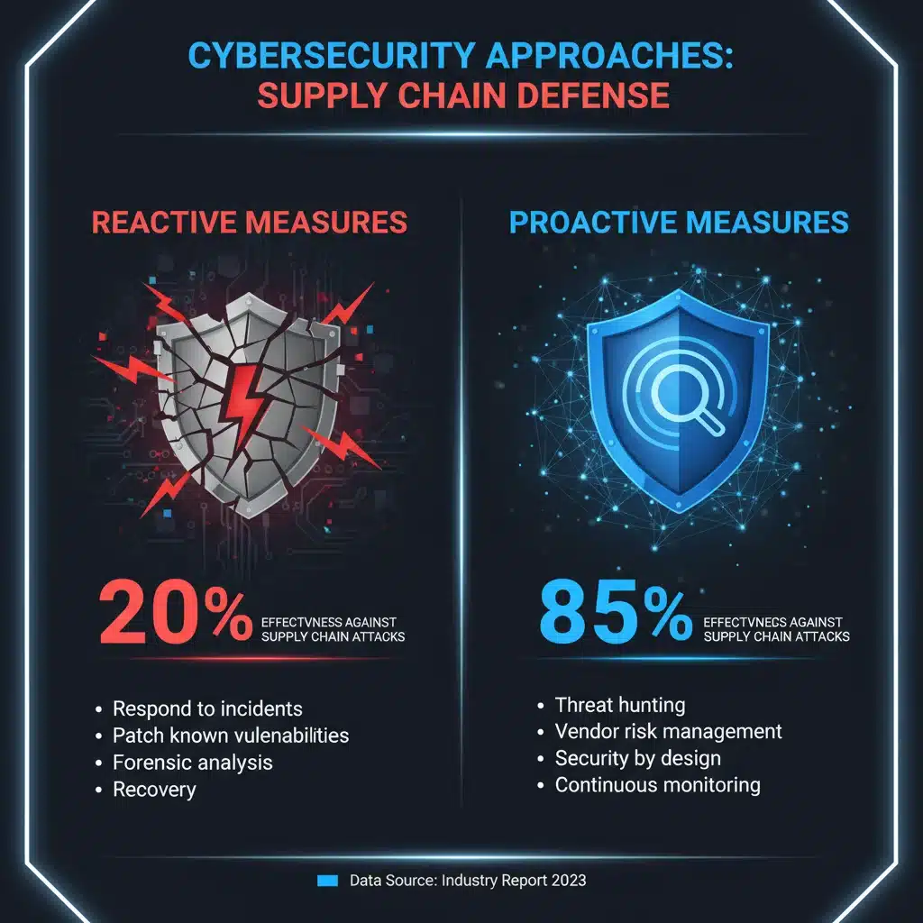 Comparative infographic of reactive versus proactive cybersecurity strategies for supply chain defense.