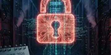 Digital lock icon with binary code, representing ransomware threat to US companies by June 2026.