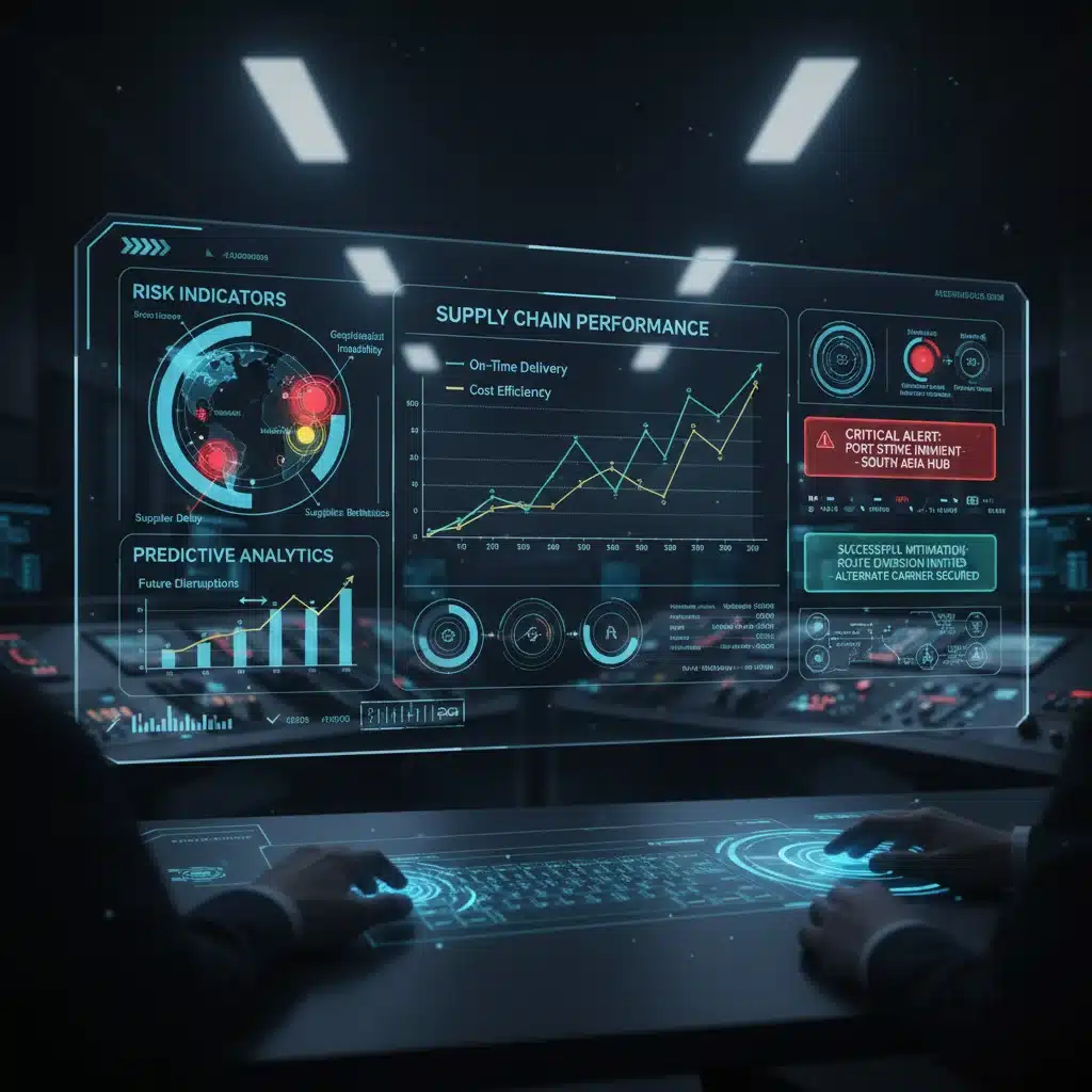 Real-time supply chain analytics dashboard showing risk detection and mitigation strategies.