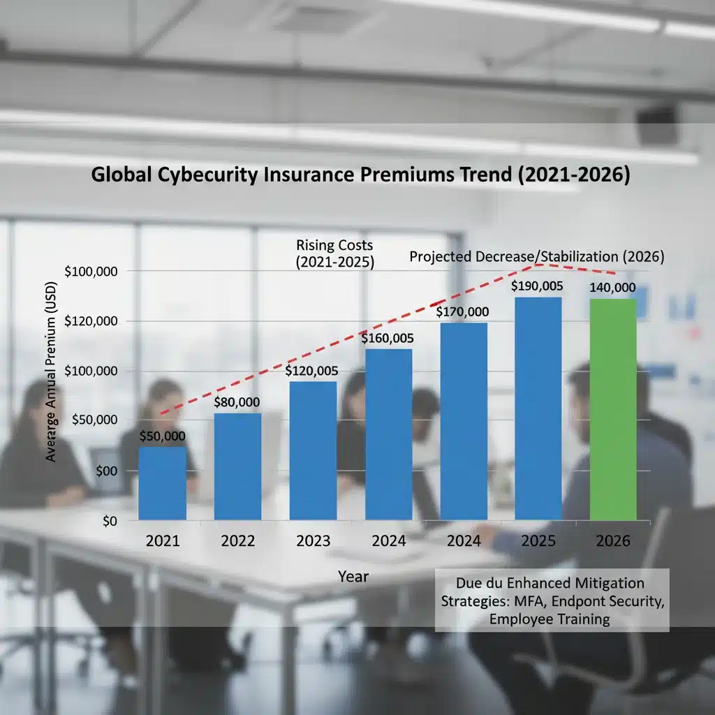 Bar chart showing rising cybersecurity insurance premiums and potential reduction in 2026.