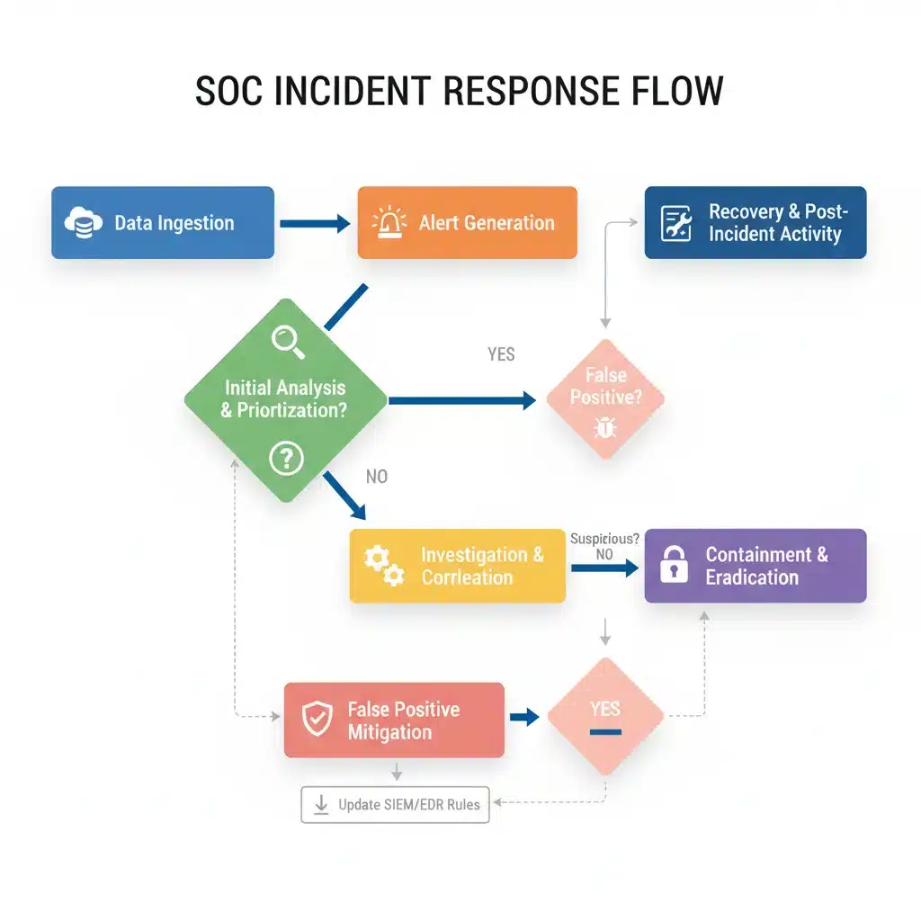 Flowchart illustrating the incident response process and false positive mitigation strategies in a SOC.