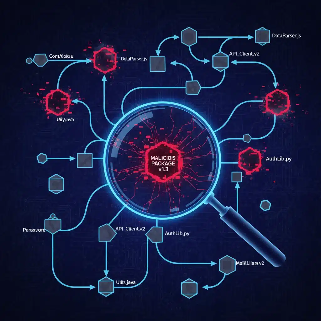 Complex software dependency tree with highlighted vulnerable nodes and a magnifying glass.