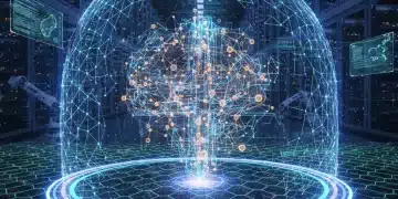 Digital shield with AI algorithms protecting a network grid in a data center.