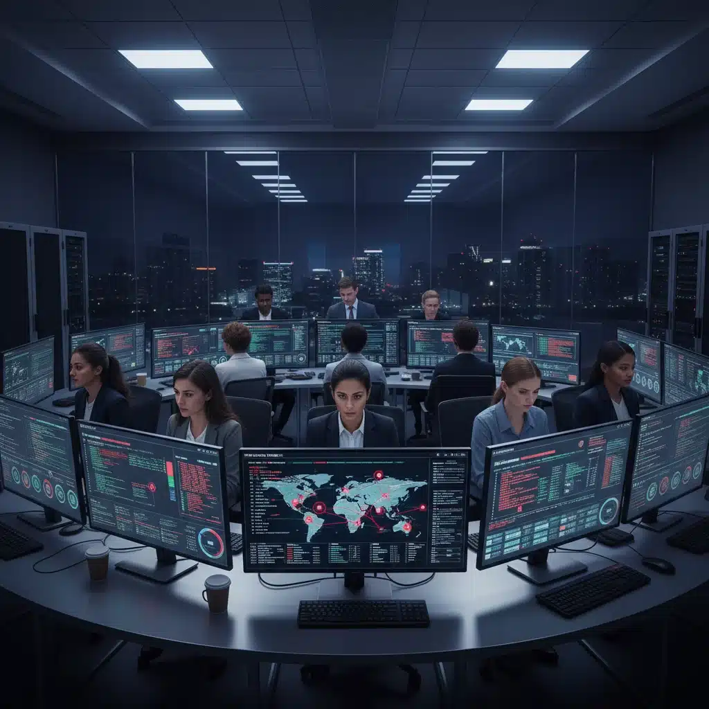 Cybersecurity team collaborating in a command center, monitoring threats and deploying patches.