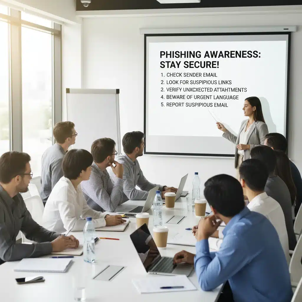 Employees participating in cybersecurity awareness training against phishing