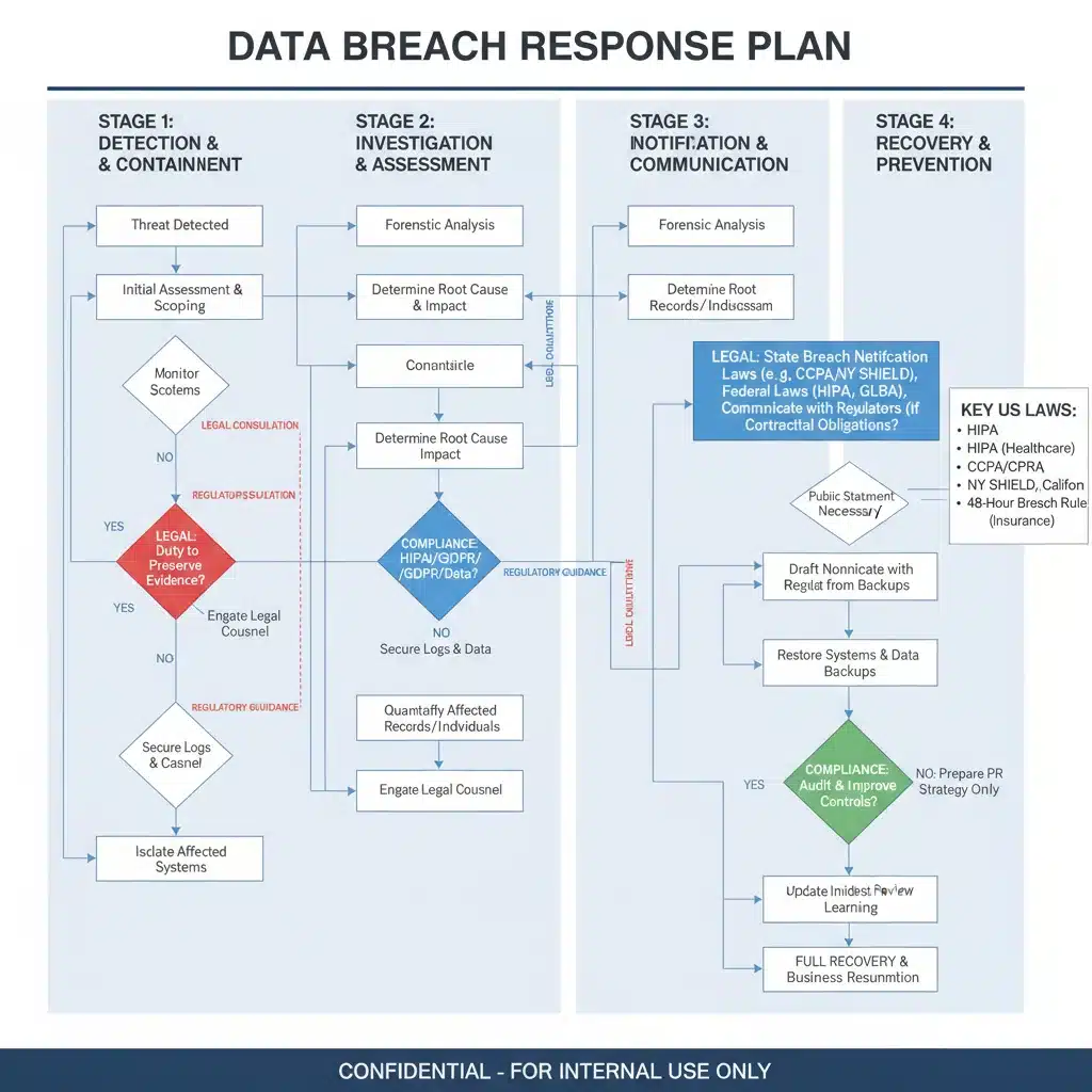Flowchart detailing data breach response plan for US businesses, highlighting compliance steps.