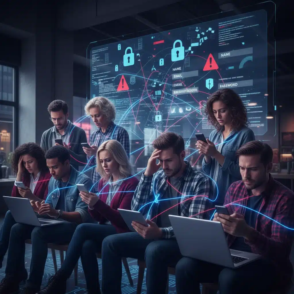 People interacting with digital devices, illustrating the personal impact of US data breach incidents and privacy concerns.