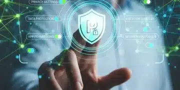 Holographic interface showing digital privacy settings and security shield