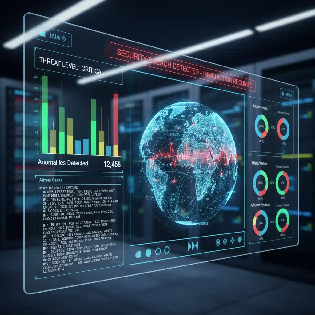 Cybersecurity dashboard with real-time threat analytics and data streams.