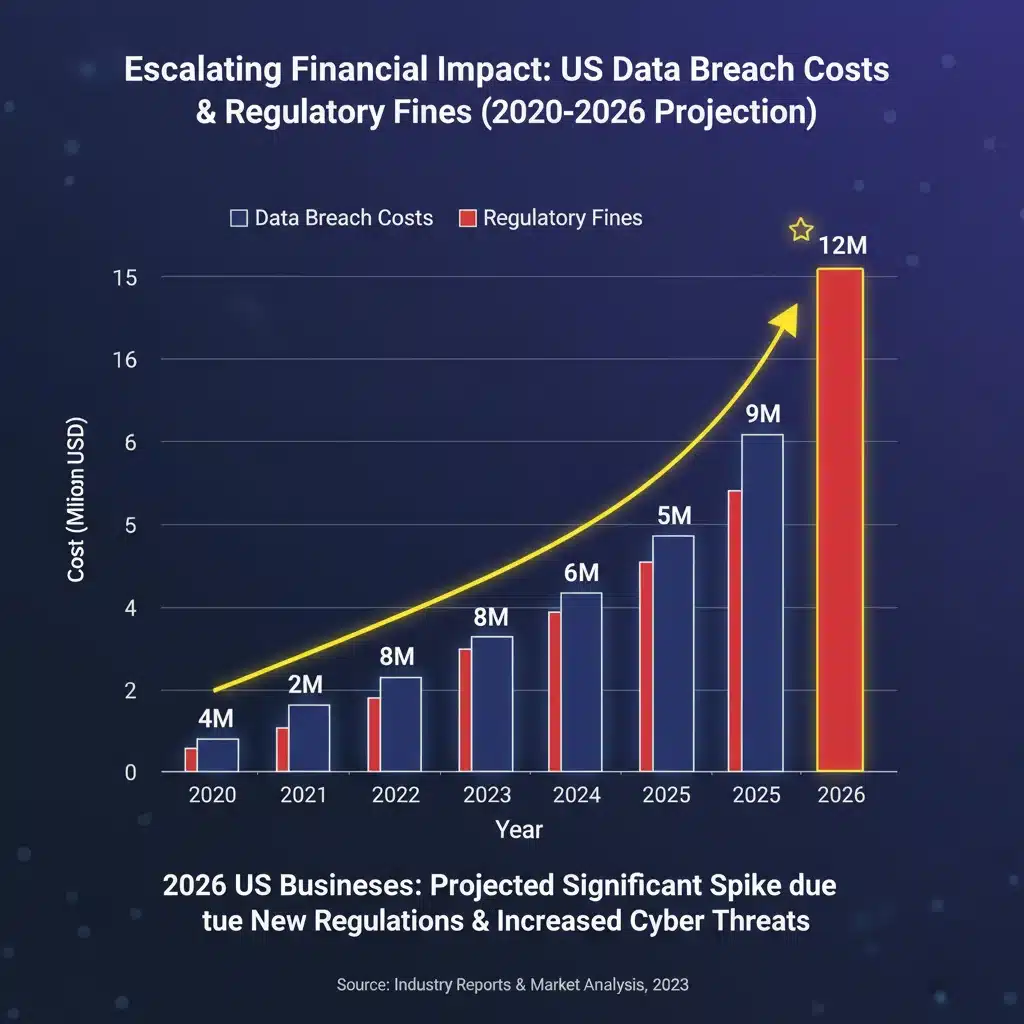 Bar chart illustrating rising data breach costs and projected US fines for 2026.
