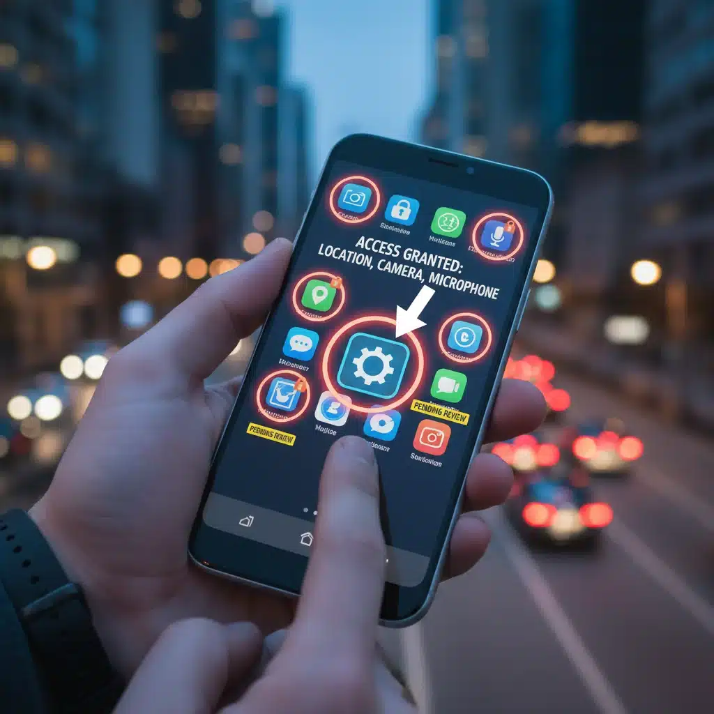 Smartphone screen showing app permissions, highlighting data sharing concerns.
