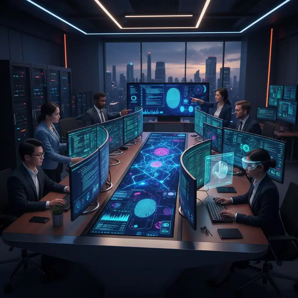 Cybersecurity analysts in a SOC collaborating with AI threat intelligence.