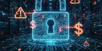Digital padlock securing data with warning signs and dollar symbols, illustrating US data breach fines in 2026.