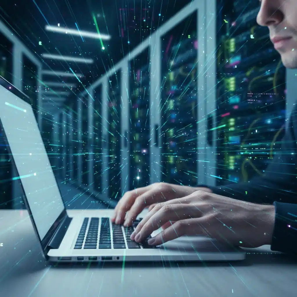 Person typing on laptop, data network in background