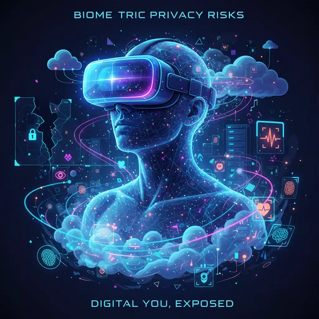 Person in VR headset surrounded by biometric data, illustrating future privacy challenges.