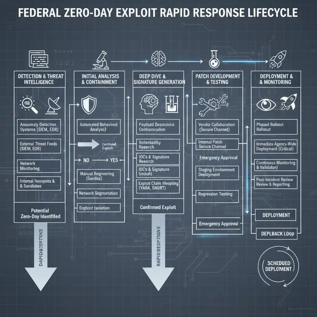 Diagram showing the federal zero-day exploit detection and patching lifecycle.