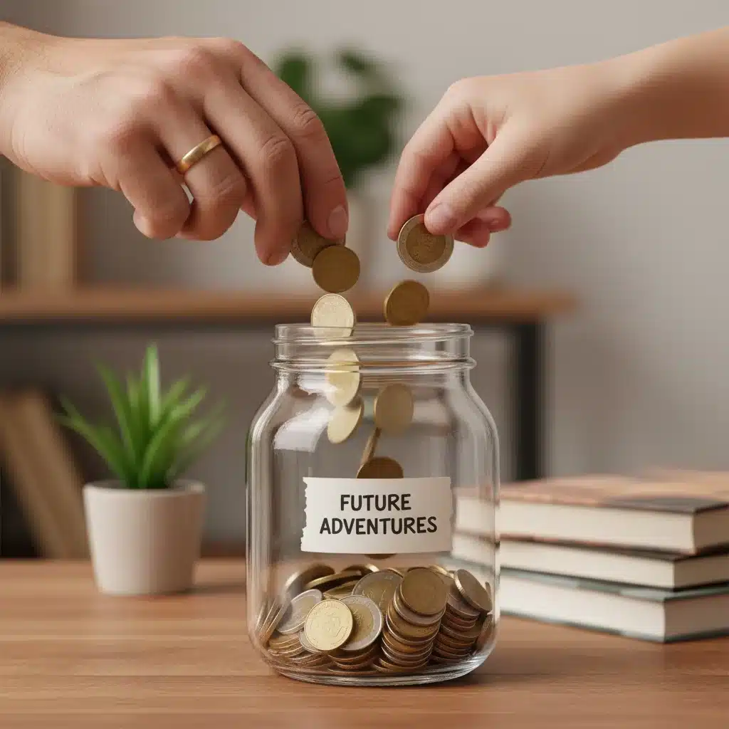 Manos de adulto y niño metiendo monedas en una hucha, simbolizando el ahorro constante.