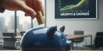 Mano depositando monedas de euro en hucha con gráfico de rentabilidad ascendente