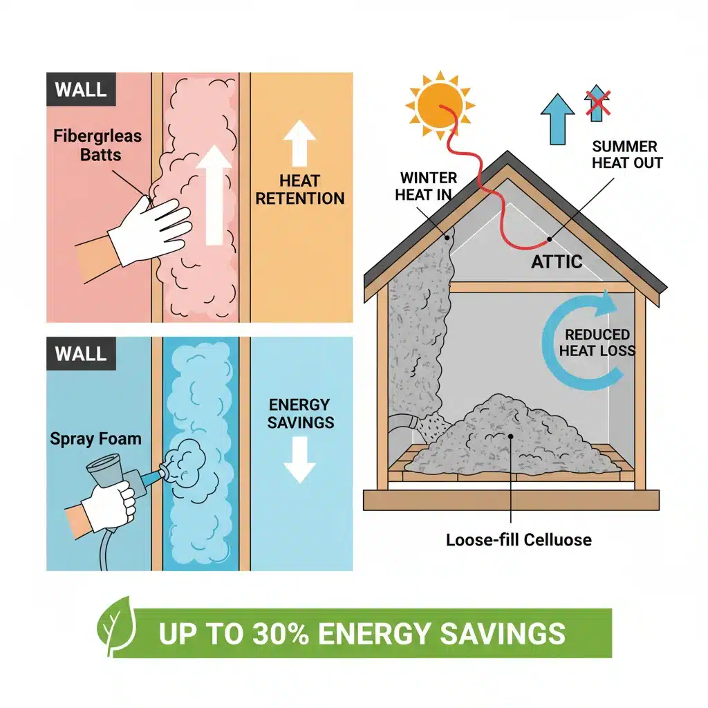 Infografía de materiales de aislamiento térmico para el hogar y sus beneficios energéticos.