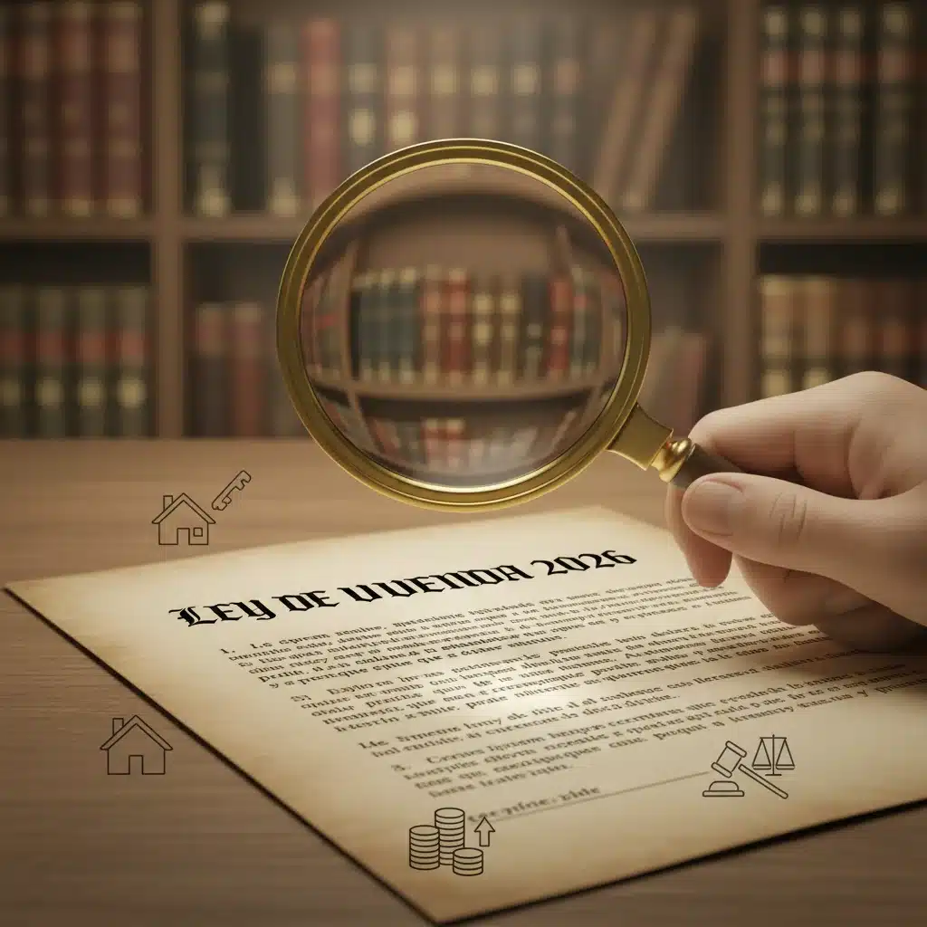 Detalle de un documento legal de la nueva Ley de Vivienda 2026 con lupa, simbolizando el análisis.