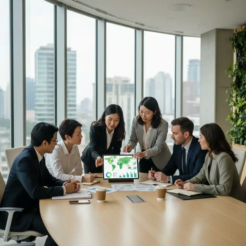 Equipo diverso analizando datos financieros y ambientales para decisiones de inversión ESG.