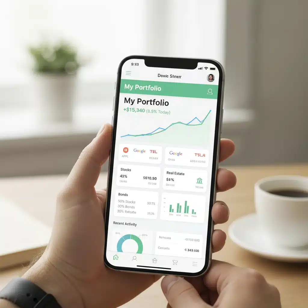 Interfaz de aplicación de inversión online intuitiva en un smartphone.