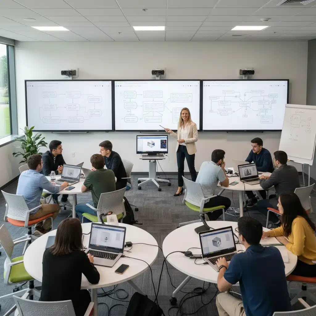 Grupo de estudiantes de FP colaborando en un proyecto con pizarras interactivas y software, fomentando el aprendizaje activo y la resolución de problemas.