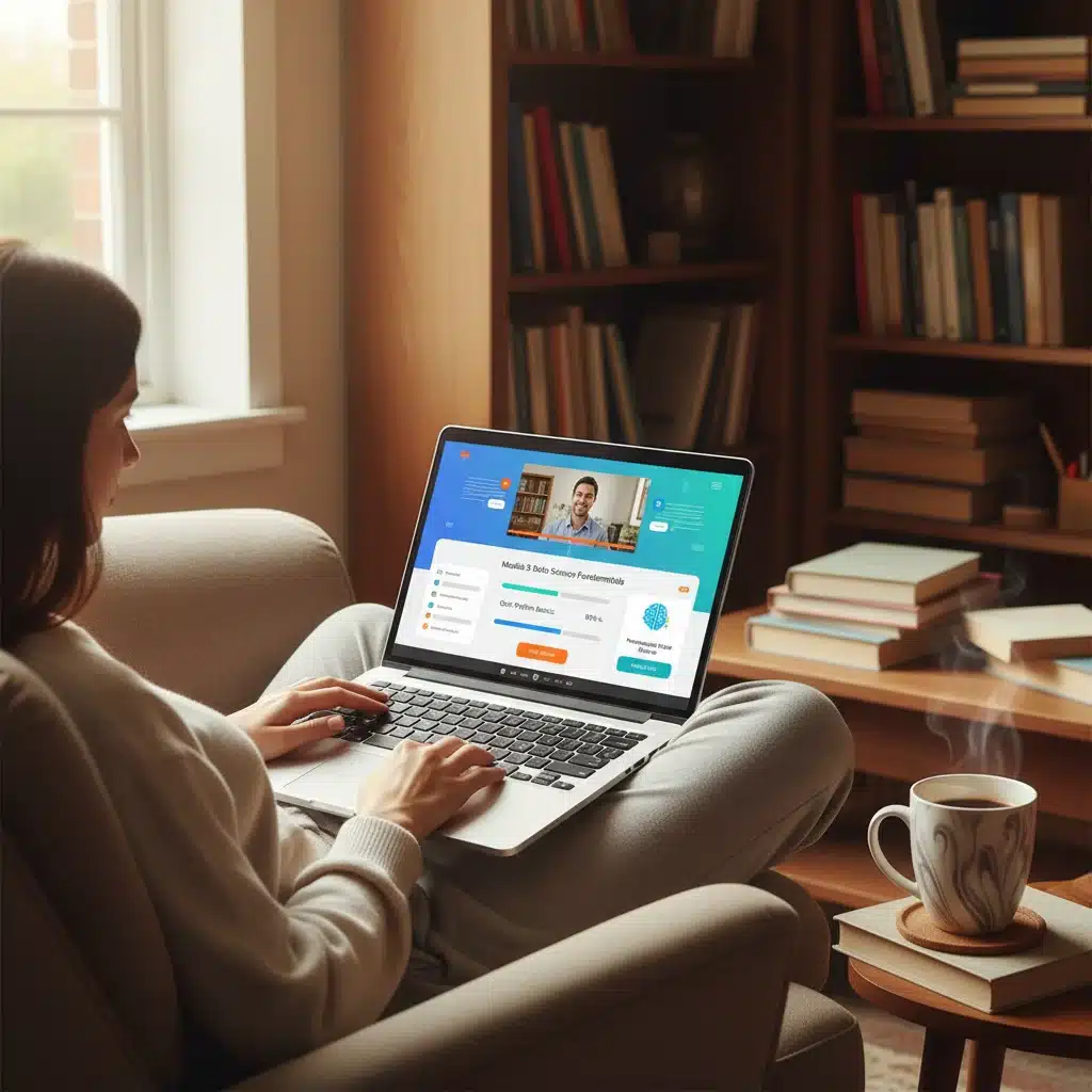 Persona aprendiendo cómodamente desde casa con un portátil, mostrando una interfaz de curso online interactiva.