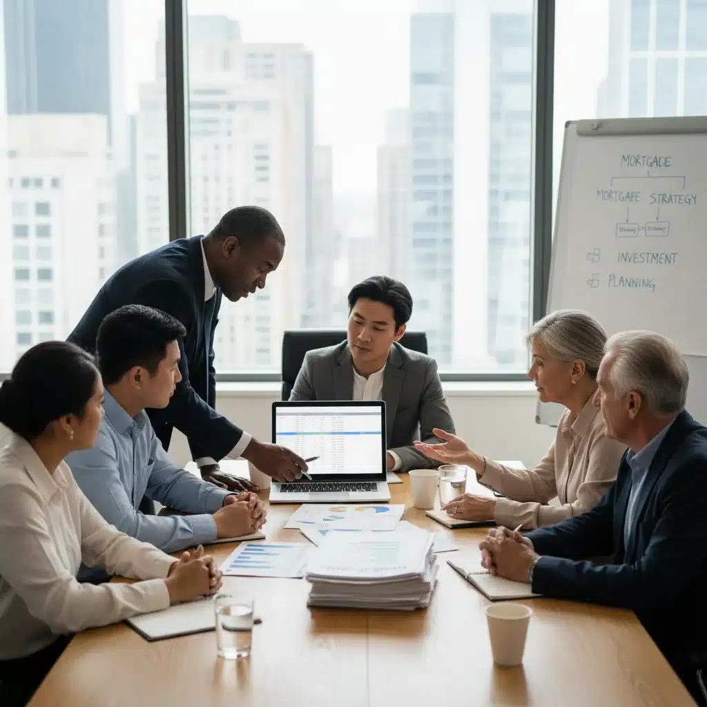 Grupo de personas dialogando sobre documentos financieros, buscando asesoramiento hipotecario.