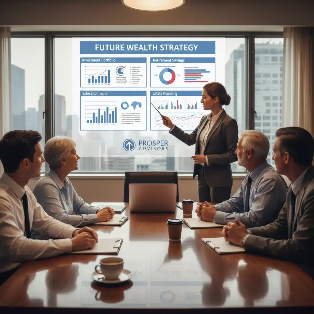 Grupo de inversores consultando a un asesor financiero sobre estrategias de inversión y diversificación.