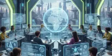 Estudiantes de diversas culturas interactuando con pantallas holográficas en un aula digital futurista, simbolizando el aprendizaje online gratuito en 2026.