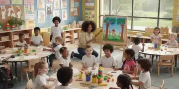 Niños diversos aprendiendo juntos en un aula inclusiva y accesible.