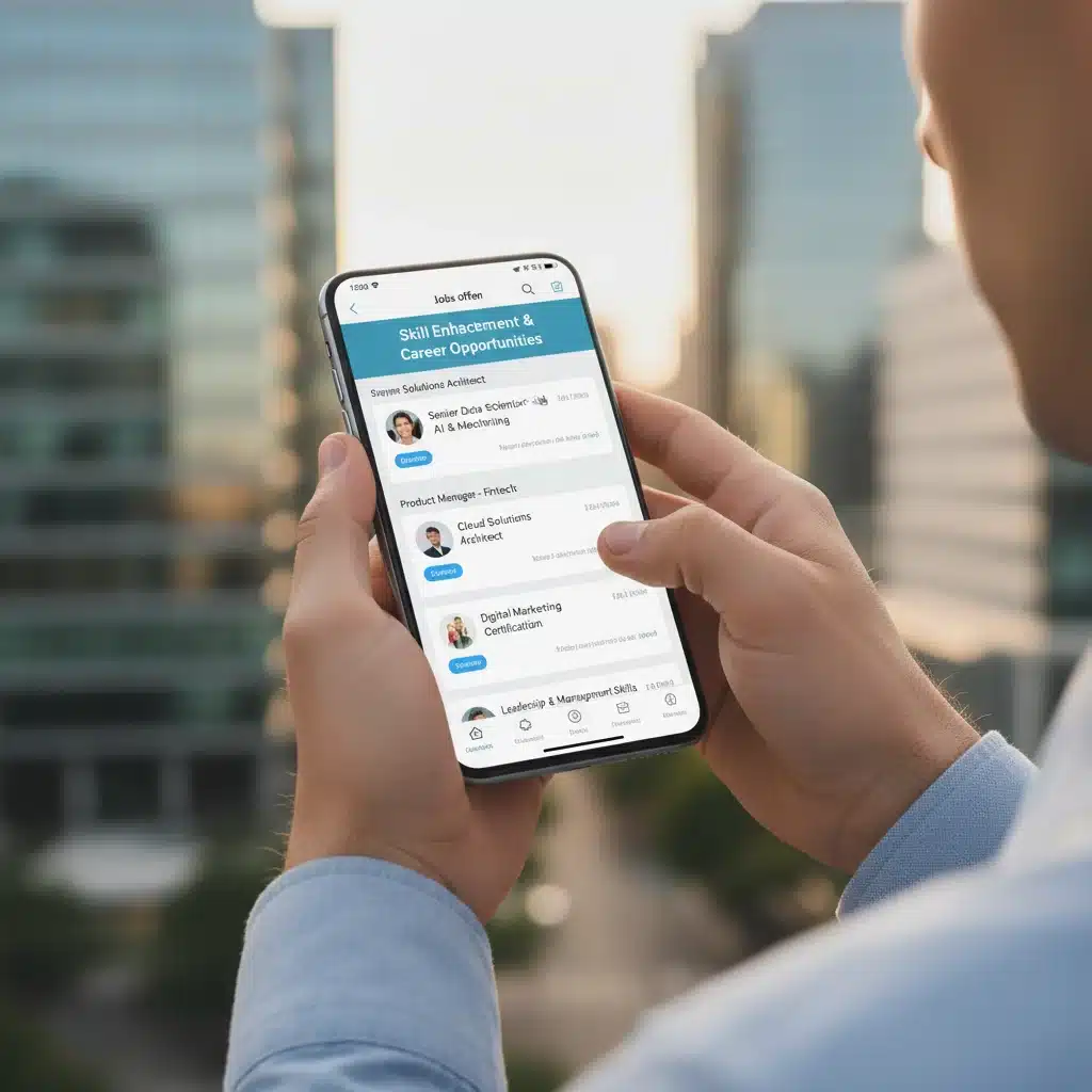 Manos usando smartphone para buscar empleo y cursos de desarrollo profesional online.