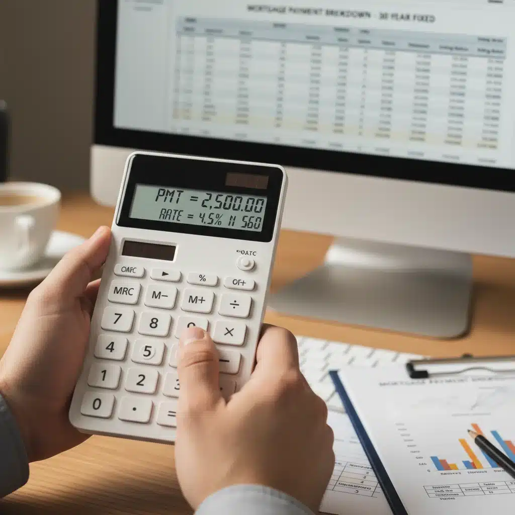 Persona calculando pagos de hipoteca en una calculadora, con documentos financieros de fondo.