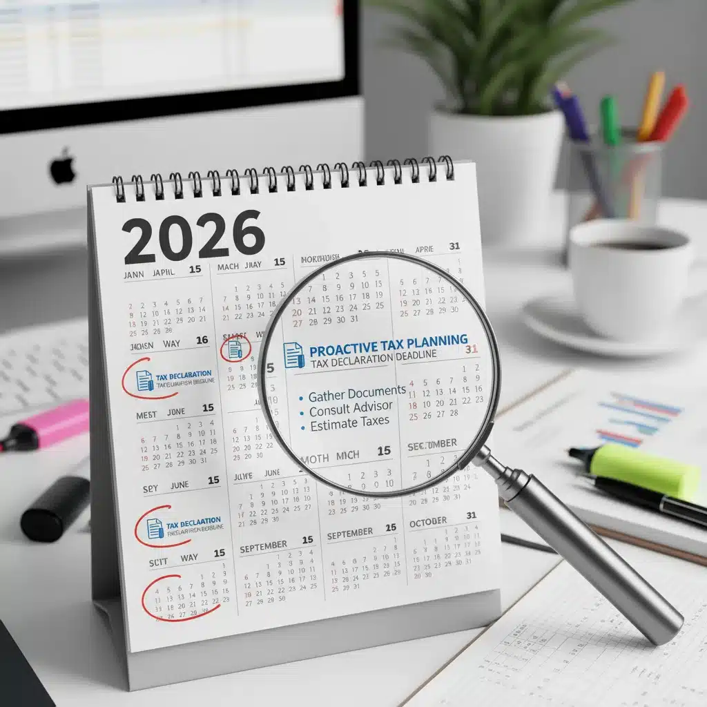 Calendario con fechas clave de la declaración de la renta 2026 y planificación fiscal.