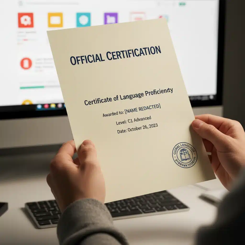 Manos sosteniendo un certificado oficial de idioma, simbolizando el éxito en la formación subvencionada. Certificación oficial idiomas.