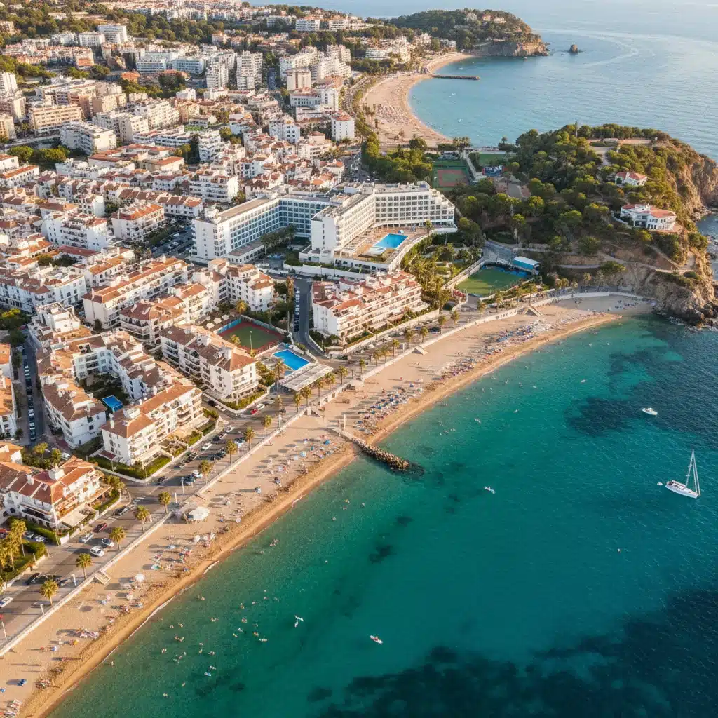 Vista aérea de una vibrante ciudad costera española con playas y edificios residenciales.