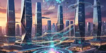 Vista futurista de una ciudad española con proyecciones tecnológicas y crecimiento económico.