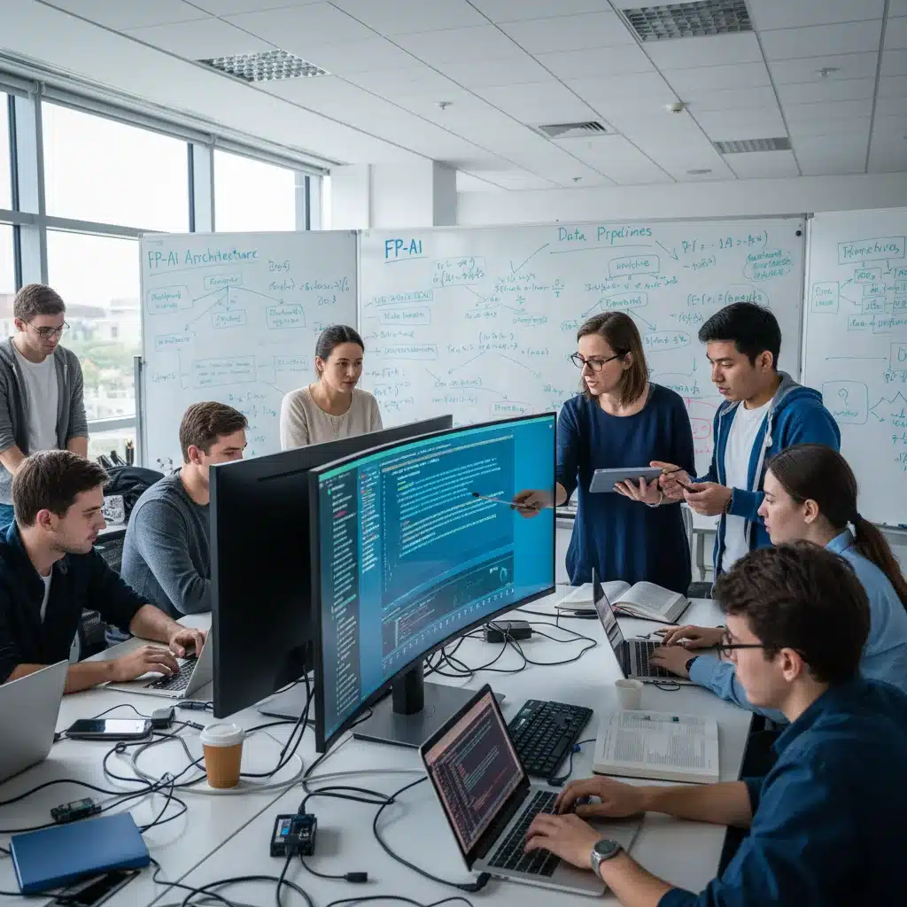 Grupo de estudiantes y profesores colaborando en un proyecto de inteligencia artificial en un centro de FP.
