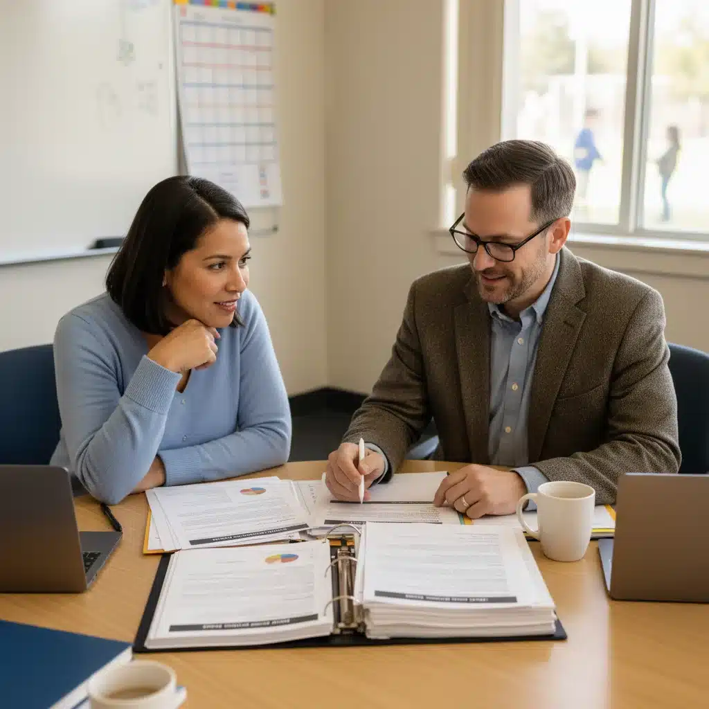 Padre y profesor colaborando en el plan educativo individualizado de un alumno.