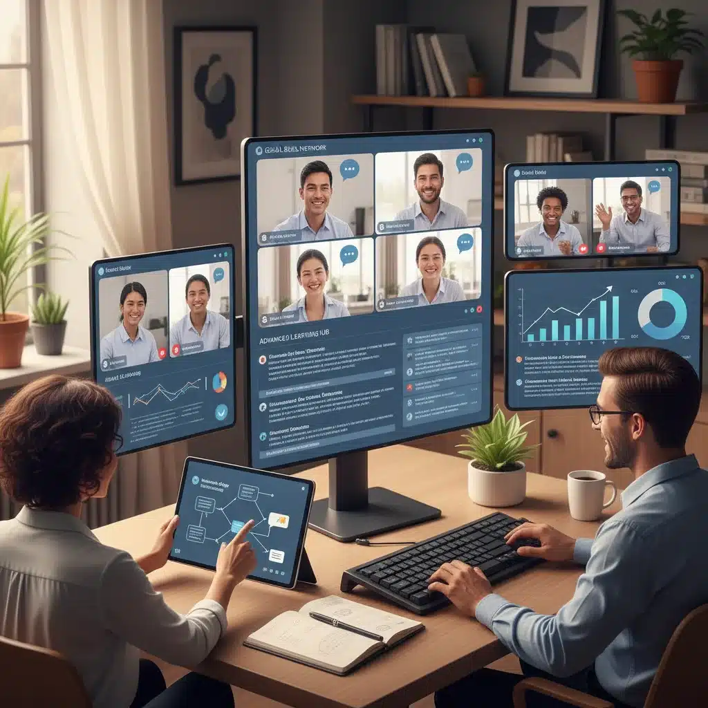 Grupo de profesionales colaborando en una reunión virtual, compartiendo conocimientos y datos en pantallas múltiples.