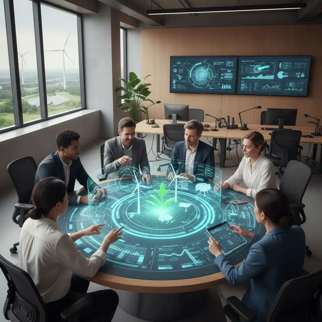 Profesionales trabajando con tecnología holográfica en proyectos de energía renovable y agricultura sostenible.
